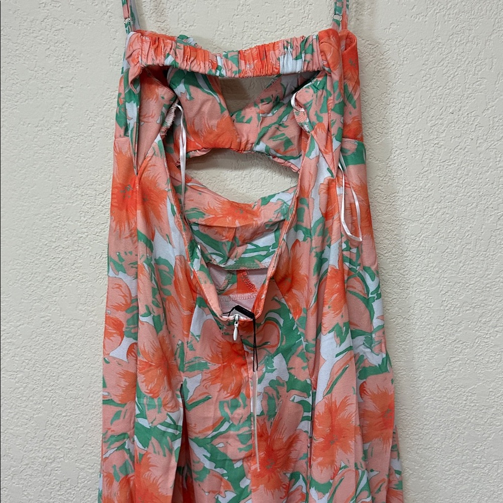 Hello Molly Coral Floral Midi Dress with Green Leaves - Picture 4 of 4